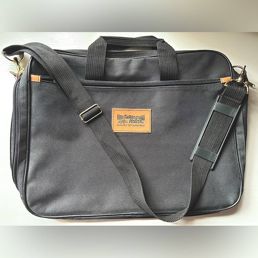 EUC black messenger tote adjustable shoulder strap handles gold hardware